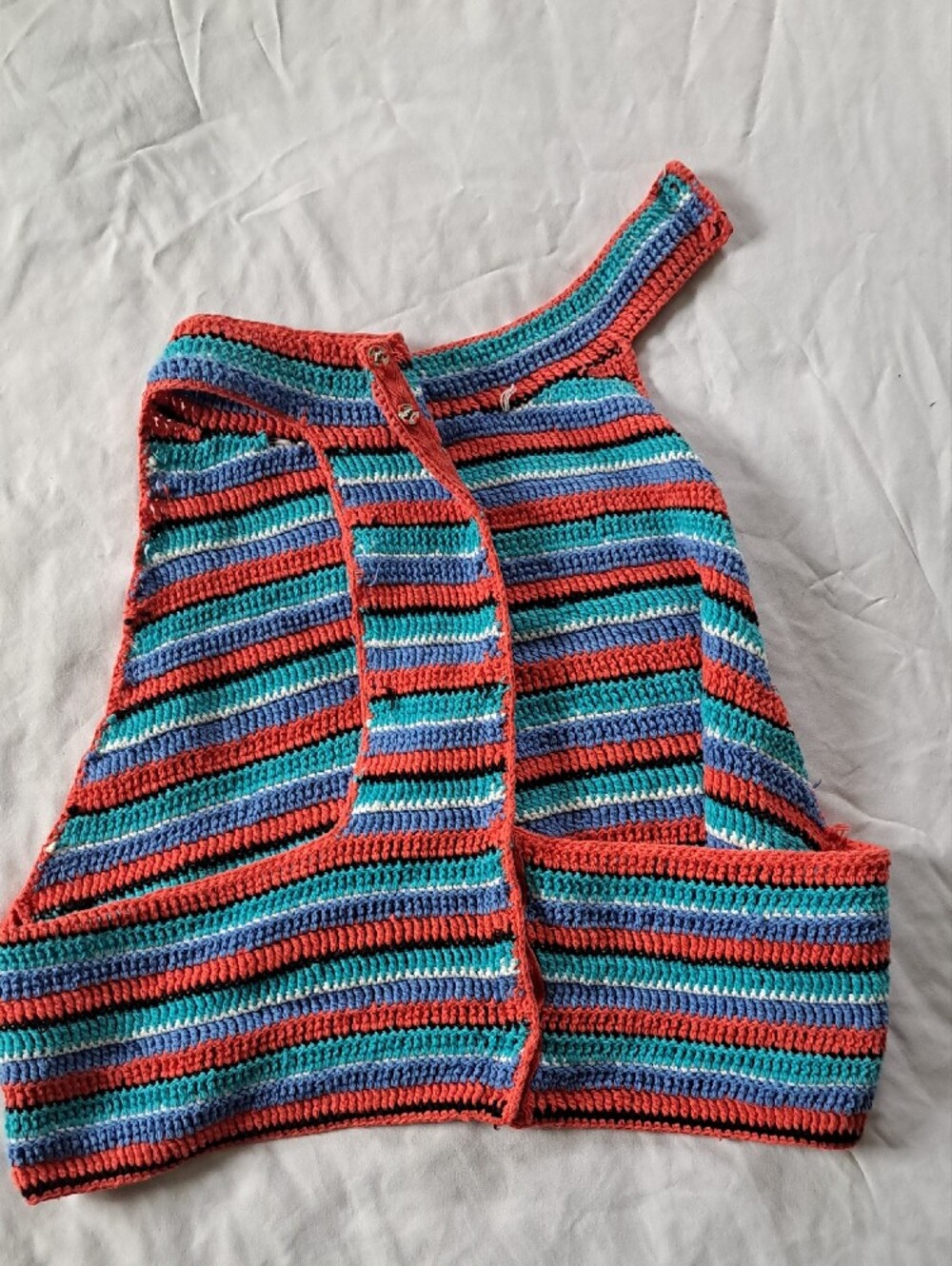 ​Ecote Striped Crochet Cotton Halter Tank Top Coral Teal Blue Boho Beach Size L - Picture 4 of 12
